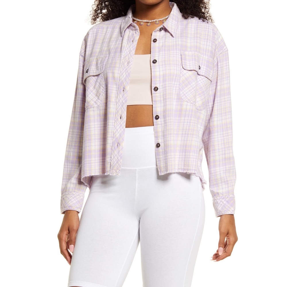 BP Plaid Long Sleeve Button Up Plaid Frayed Hem Crop Shirt Size Small
